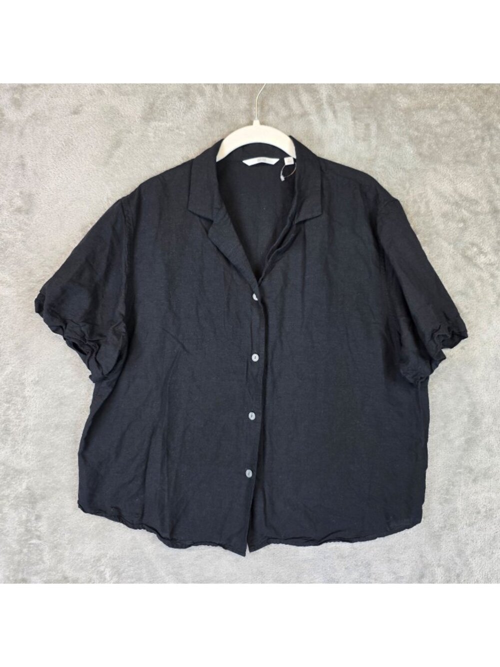 Uniqlo Button Up Shirt Womens L Black Collared Short Sleeve Linen Blend Top